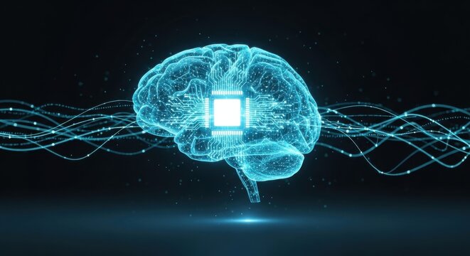 Futuristic AI brain with glowing circuits and data streams