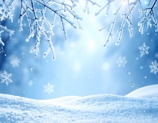 Enchanting winter wonderland background featuring glistening snow-covered branches, sparkling snowflakes, and a serene landscape under a soft, bright sky