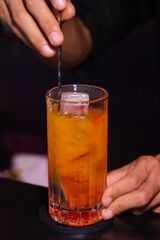 Bartender meticulously stirring a vibrant cocktail in a tall glass