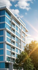 Modern White Apartment Building with Blue Windows