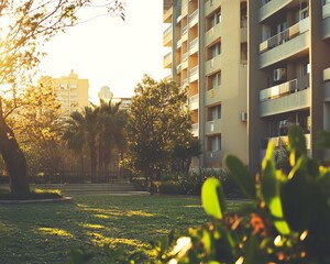 Golden hour urban park scene