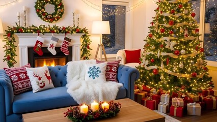 Beautiful interior of a Christmas setting with a Christmas tree, a blue sofa, and festive decorations and accessories.
