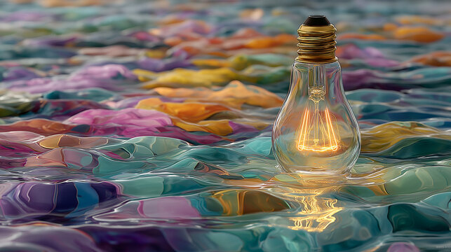 Surreal modern art bulb floating in neon water technology concept modern design futuristic style generated AI