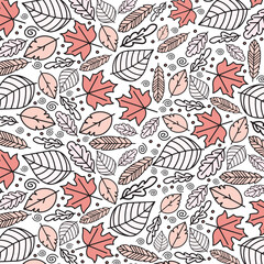 Naklejka premium A seamless pattern featuring an array of autumn leaves in various shapes and sizes, with a delicate color palette and intricate line work.
