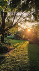 Golden sunset illuminates a grassy path through a garden