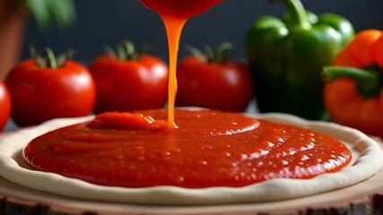 Closeup of thick, vibrant red tomato sauce being poured onto raw pizza dough, with fresh tomatoes and bell peppers in the background - Powered by Adobe