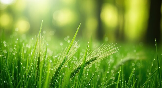 Lush green grass with dew drops in sunlight
