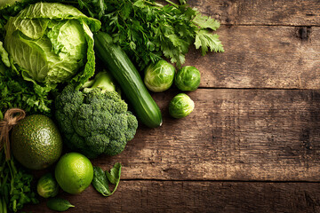 Fresh Green Vegetables and Herbs on Rustic Wooden Table with Cabbage, Broccoli, Avocado, Cucumber