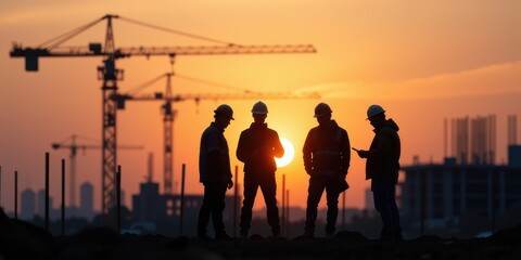 Silhouettes of construction workers against a sunset with cranes in the background.