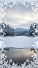 Winter Landscape with a Delicate Snowflake Frame