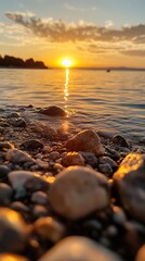 Golden sunset over a rocky beach