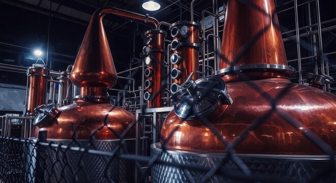 Copper stills in a dimly lit distillery - Powered by Adobe