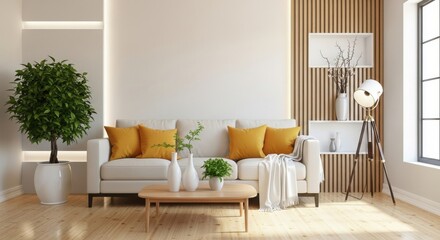 Fototapeta premium Modern Living Room with White Sofa and Yellow Pillows