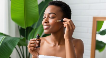 Woman applying facial serum with dropper near plants