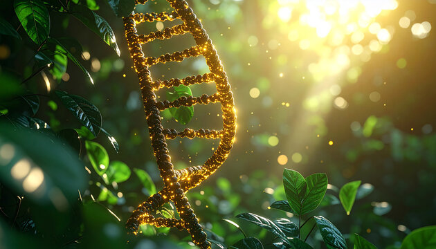 Golden DNA helix model glowing in a lush green forest with sunlight Keywords: DNA, helix, genetic, science - Powered by Adobe