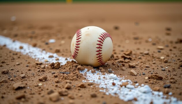 A baseball resting on a dirt field near a white chalk line.
