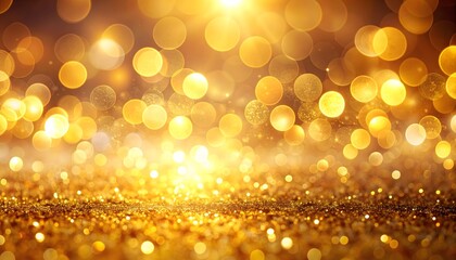 Luxurious golden glitter dust sparkling on a surface with a blurred festive bokeh light background for holiday celebrations