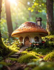 Miniature mushroom house nestled in a sunlit, vibrant forest scene