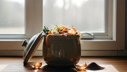 Compost bin with food scraps on a windowsill ready for gardening.