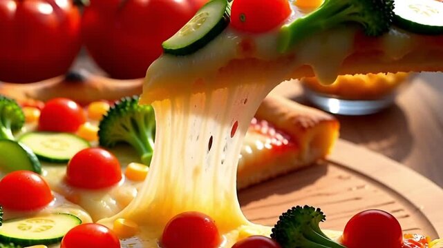 Closeup of a delicious vegetarian pizza slice topped with fresh cherry tomatoes, broccoli florets, cucumber slices, and sweet corn kernels on melted cheese