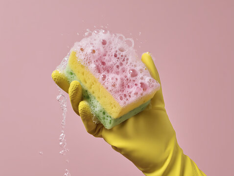 Yellow glove pink sponge soap foam cleaning household pastel closeup hygiene