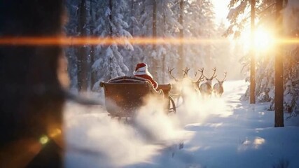 Santa claus driving a sleigh pulled by reindeer through a snowy forest 4k , HD video mp4 - Powered by Adobe