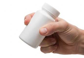 Hand holding a white pill bottle isolated on transparent background