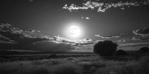 Grayscale landscape at night, featuring a large moon and silhouetted trees