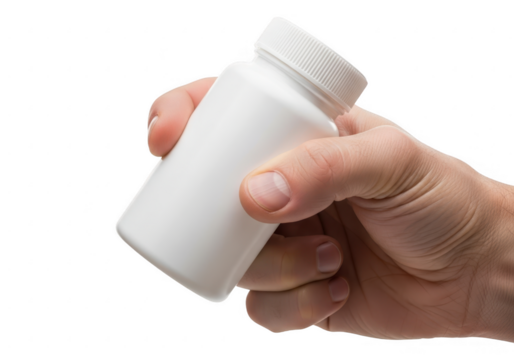 Hand holding a white pill bottle isolated on transparent background - Powered by Adobe