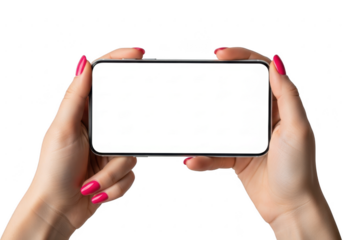 Hands holding a smartphone isolated on transparent background