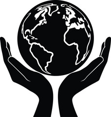 Black Silhouette of Earth Held Gently in Two Open Hands Vector