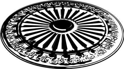 A black and white illustration of a wheel with radial spokes and intricate ornamentation