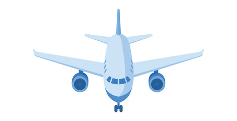 Front view of a light blue commercial passenger airplane ready for takeoff.
