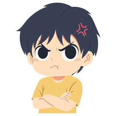 illustration of a cartoon angry boy with arms crossed in isolated white background
