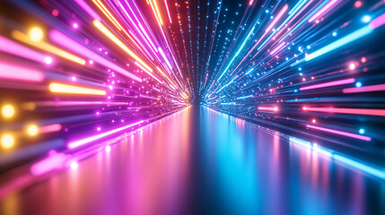 Endless flight through a neon crypto tunnel of colorful wires in space, symbolizing high-speed network connections, digital currency, futuristic cyberspace, and immersive VJ loop visuals in hyperspace