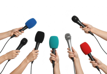 Multiple hands holding microphones isolated on transparent background