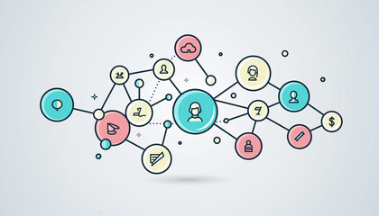 Flat lay of a colorful network illustration with interconnected icons and symbols on a light gray background with a modern and technological feel.