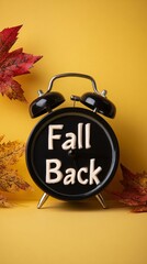 A black clock with "Fall Back" text on its face, flanked by red and yellow autumn leaves