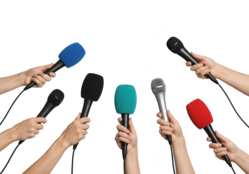 Multiple hands holding microphones isolated on transparent background - Powered by Adobe