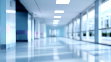 A blurred perspective of a modern, brightly lit hallway with large windows and doors