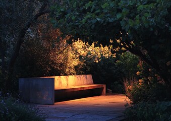 Illuminated garden bench at dusk