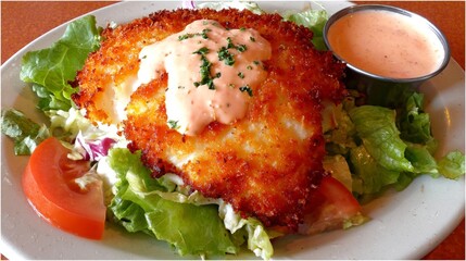 A breaded fried item, topped with sauce, on a bed of greens. A side of dressing