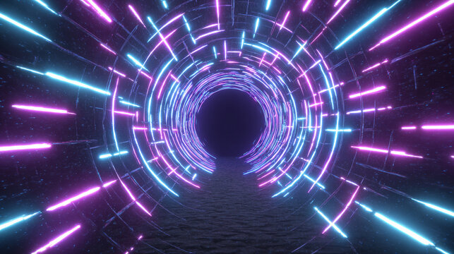 Endless flight through a neon crypto tunnel of colorful wires in space, symbolizing high-speed network connections, digital currency, futuristic cyberspace, and immersive VJ loop visuals in hyperspace