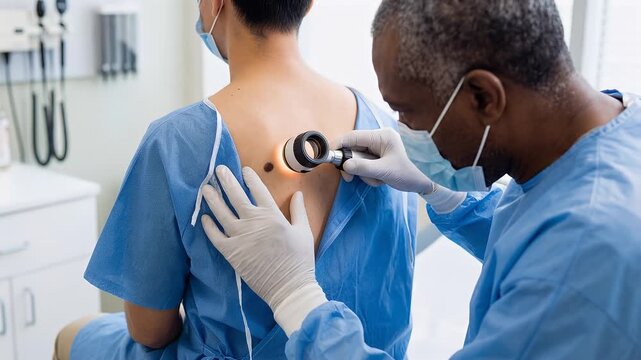 Dermatologist using dermatoscope to examine mole on male patient's back for skin cancer detection in modern medical office