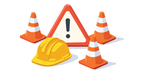 Construction cones, yellow safety helmet, and triangular warning sign icon. © Kinggxxx