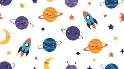 Fototapeta premium An enchanting flat design seamless pattern featuring playful planets, shining stars, and friendly rockets drifting through a deep blue cosmos, ideal for a child's imagination. 