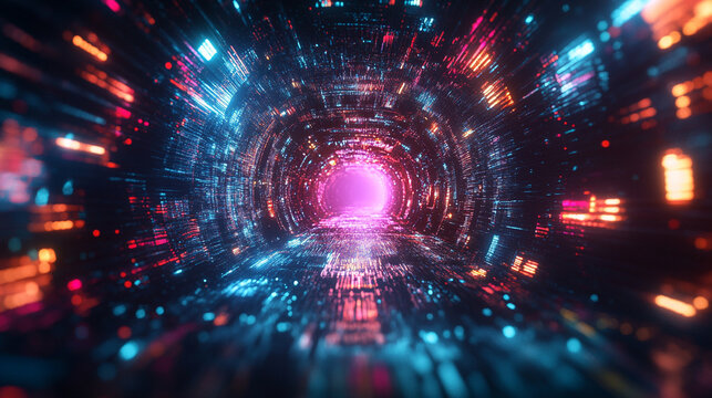 Endless flight through a neon crypto tunnel of colorful wires in space, symbolizing high-speed network connections, digital currency, futuristic cyberspace, and immersive VJ loop visuals in hyperspace