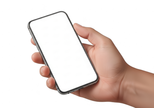 Hand holding a smartphone with a blank screen isolated on transparent background