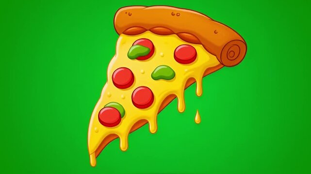 Cartoon slice of pepperoni and green pepper pizza with dripping cheese against a vibrant green background, vector illustration
