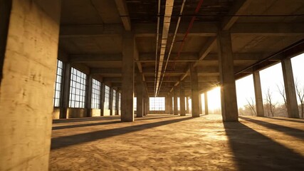 Empty industrial concrete building interior with sunlight and long shadows